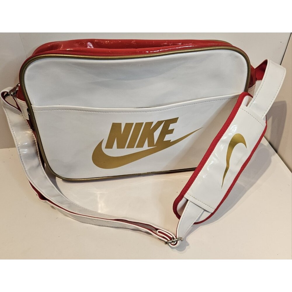 Vtg 90s Y2k Nike Patent Leather Messenger Gym Bag Side Body White Red Swoosh